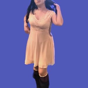 Free🎁Y2K Cap sleeve Mini Dress Lace Bodice Chiffon Champagne Fit & Flare Dress